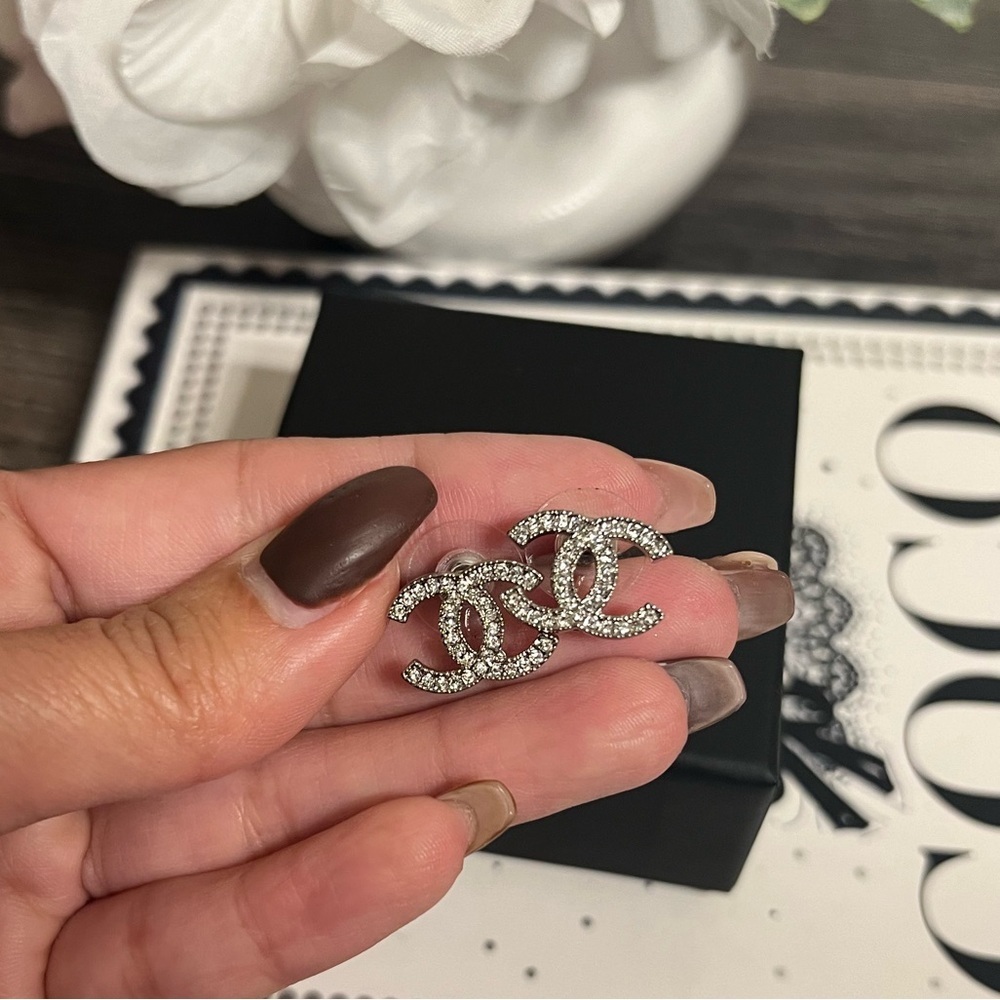 CHANEL Silver Crystal CC Stud Earrings - Picture 2 of 9